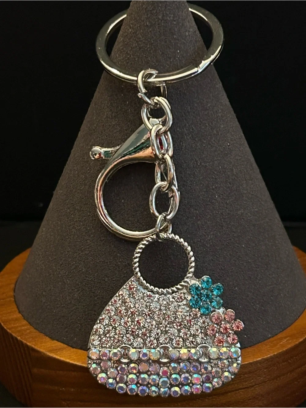 Iridescent Crystal Pavé Purse 👛 Bag Charm Keychain w/Pink & Blue Flower Accents